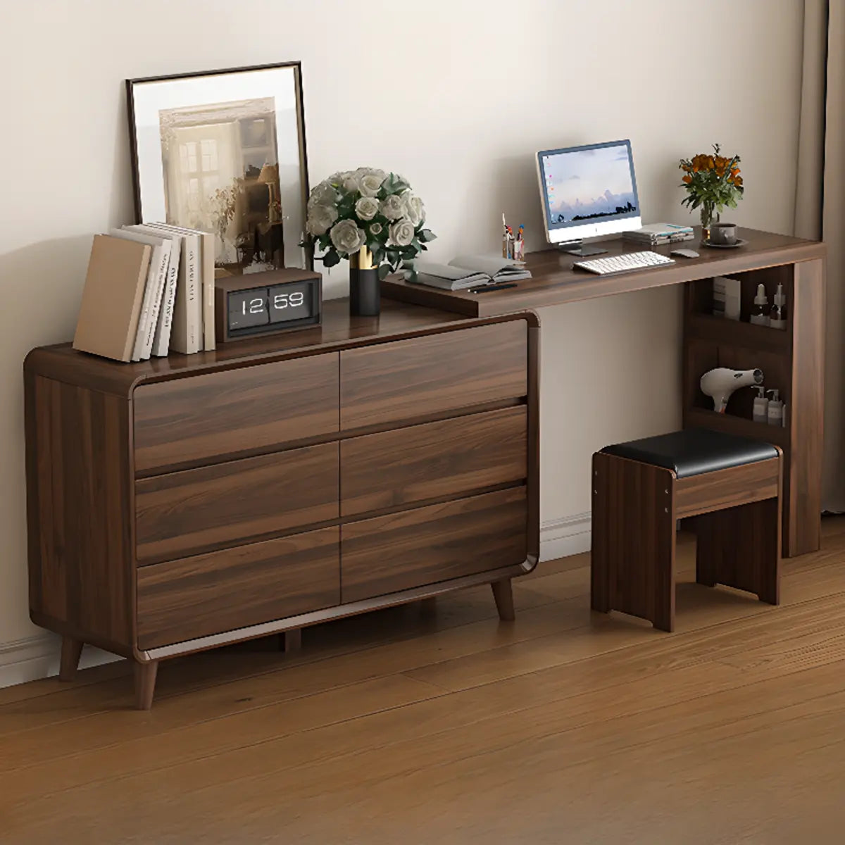 Rustic Rectangular Wood Mirror Scalable Makeup Vanity Set Image - 4