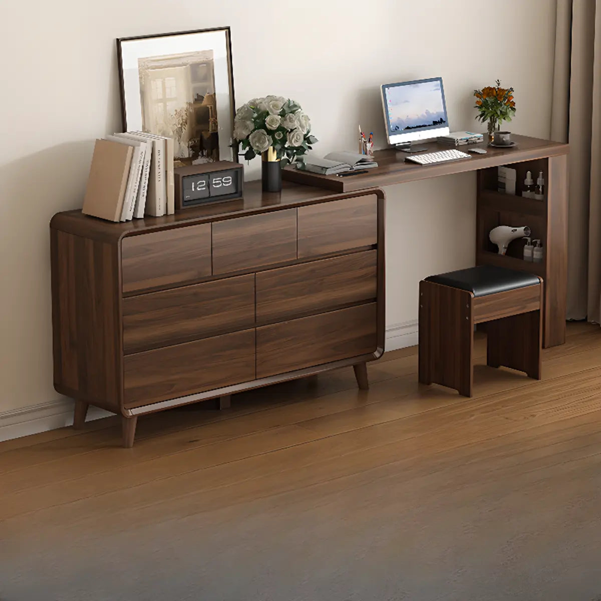 Rustic Rectangular Wood Mirror Scalable Makeup Vanity Set Image - 5