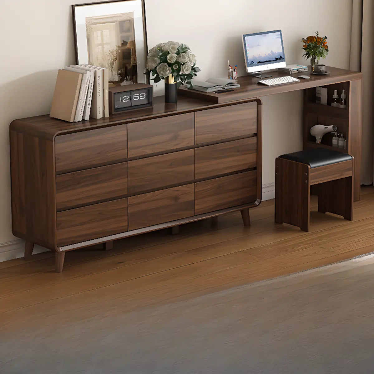 Rustic Rectangular Wood Mirror Scalable Makeup Vanity Set Image - 6