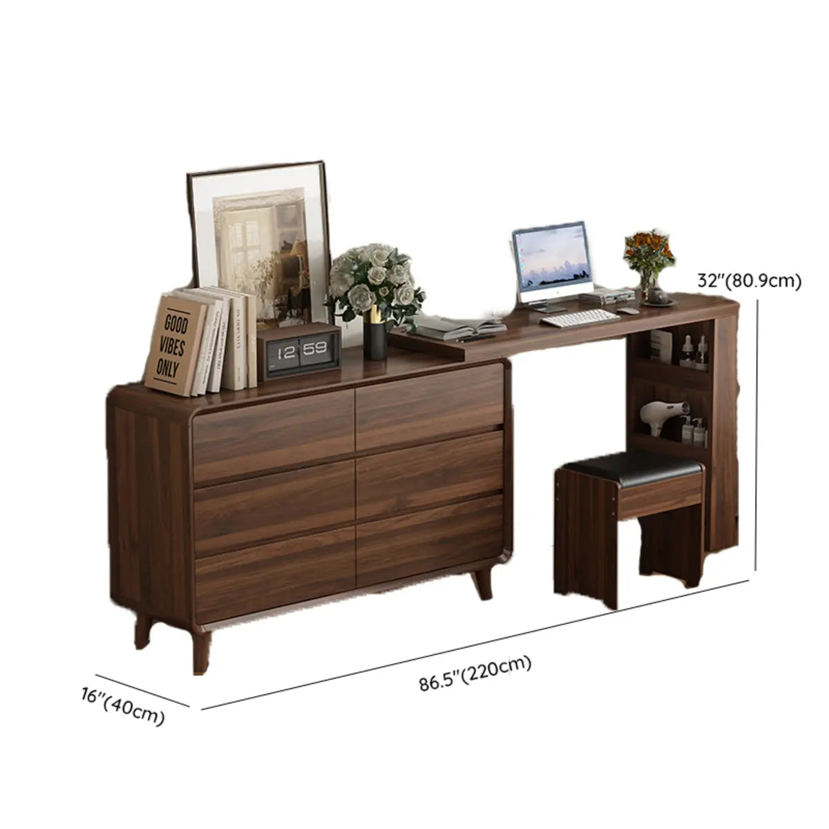 Rustic Rectangular Wood Mirror Scalable Makeup Vanity Set