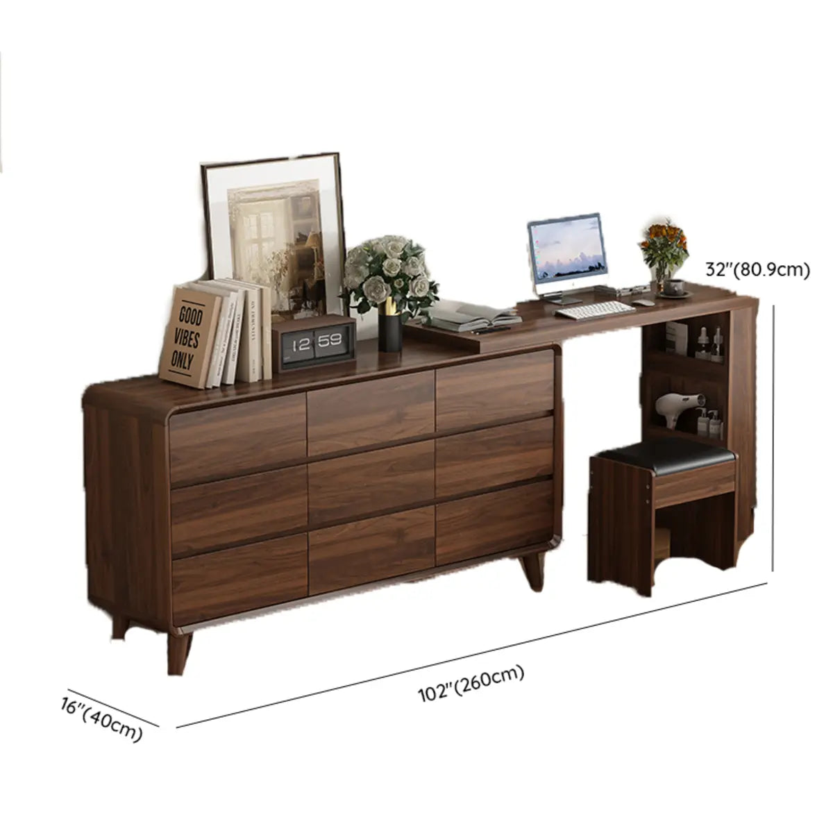 Rustic Rectangular Wood Mirror Scalable Makeup Vanity Set Image - 9