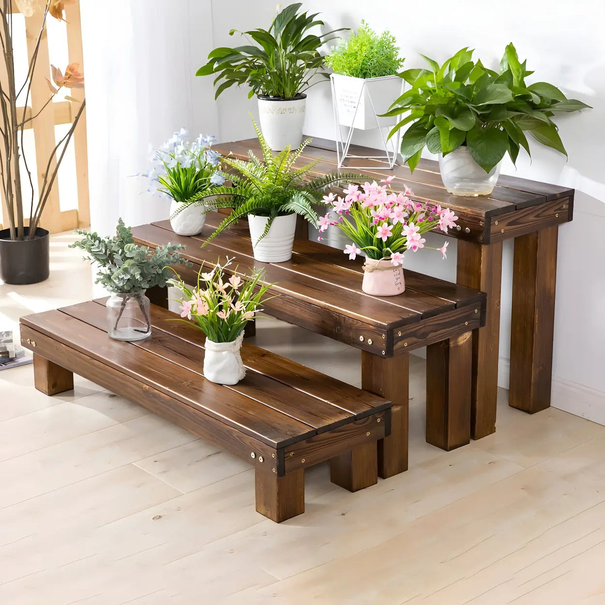 Rustic Rectangular Wooden Waterproof Brown Plant Stand Image - 1