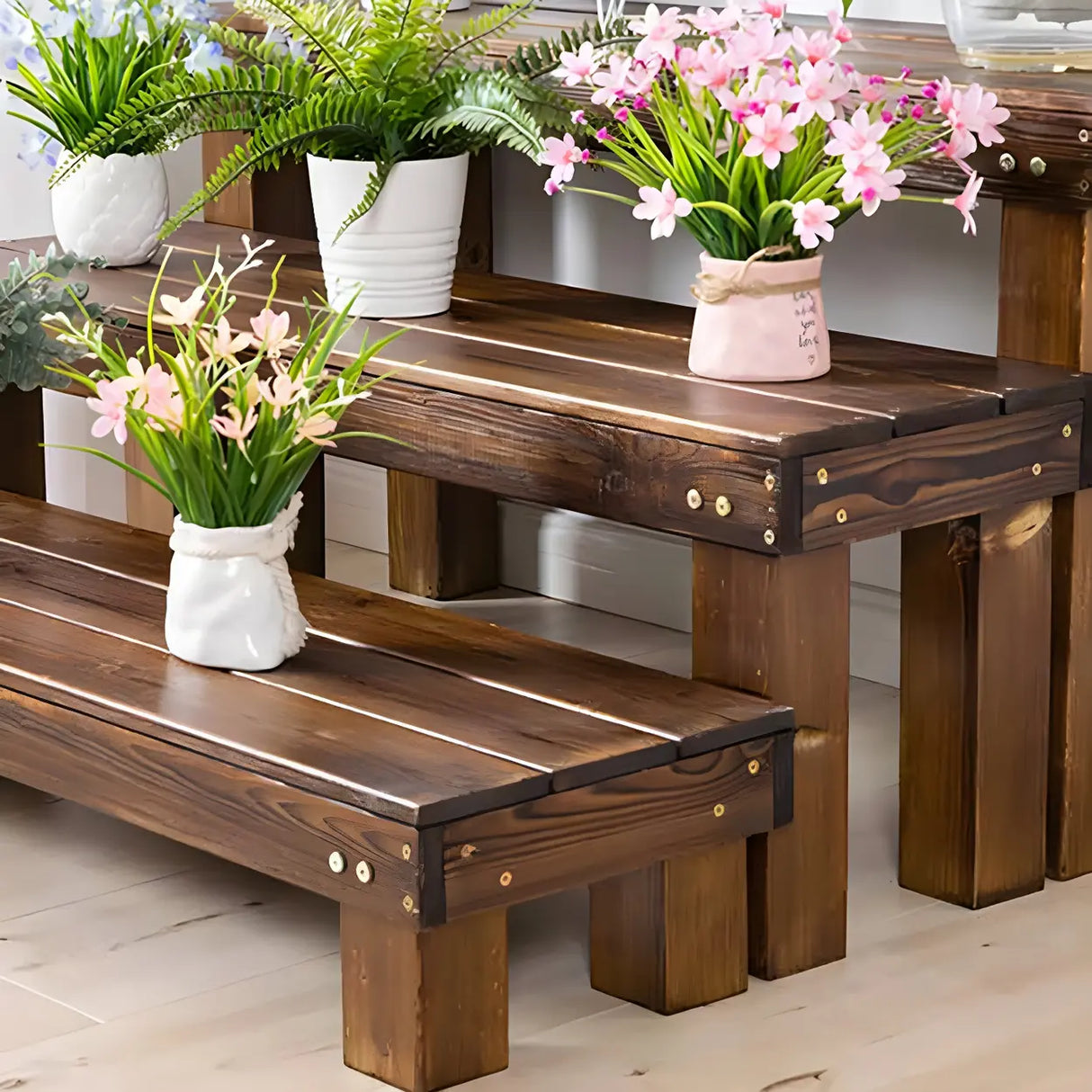 Rustic Rectangular Wooden Waterproof Brown Plant Stand Image - 18