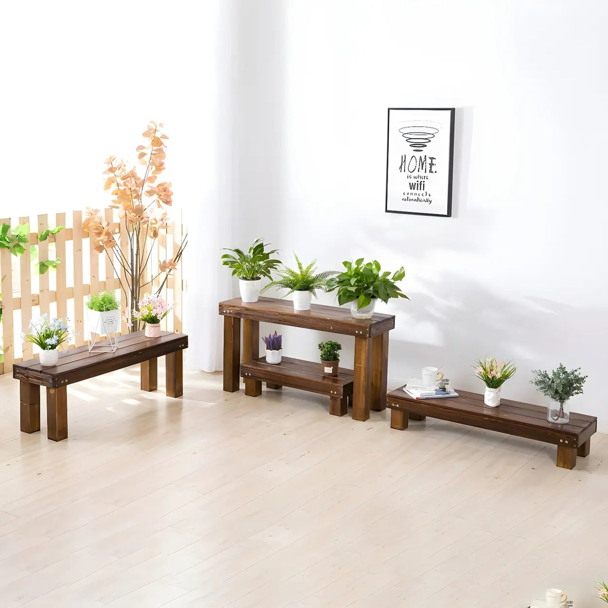 Rustic Rectangular Wooden Waterproof Brown Plant Stand Image - 2