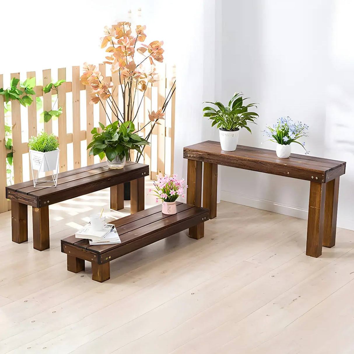 Rustic Rectangular Wooden Waterproof Brown Plant Stand Image - 24