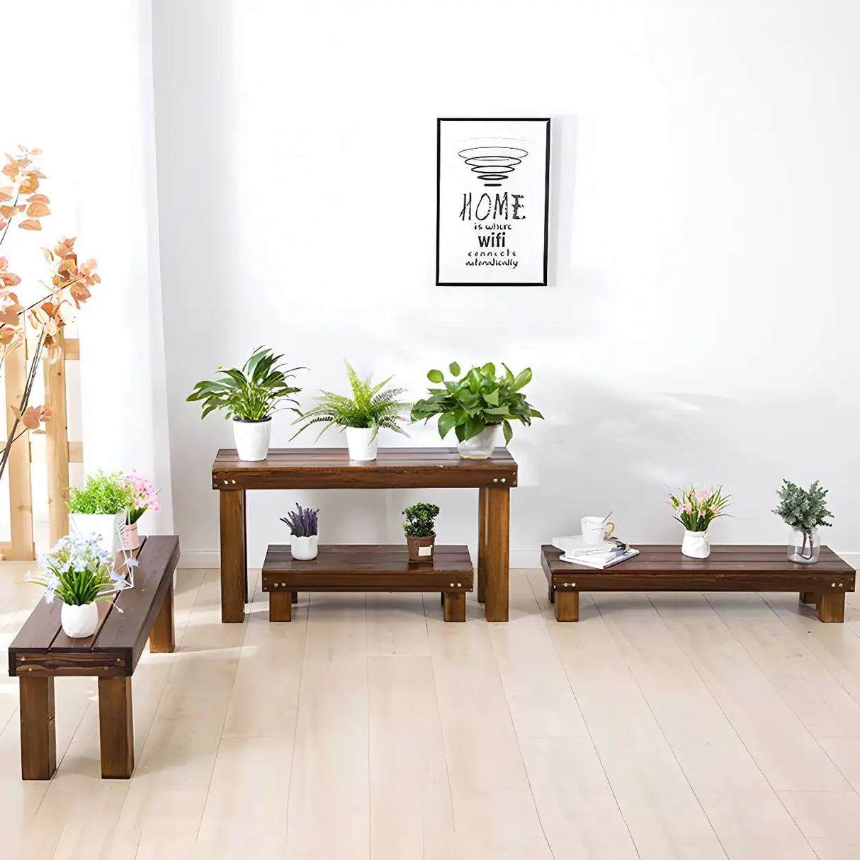 Rustic Rectangular Wooden Waterproof Brown Plant Stand Image - 25