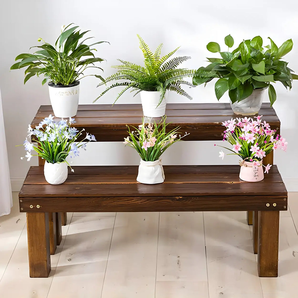 Rustic Rectangular Wooden Waterproof Brown Plant Stand Image - 27