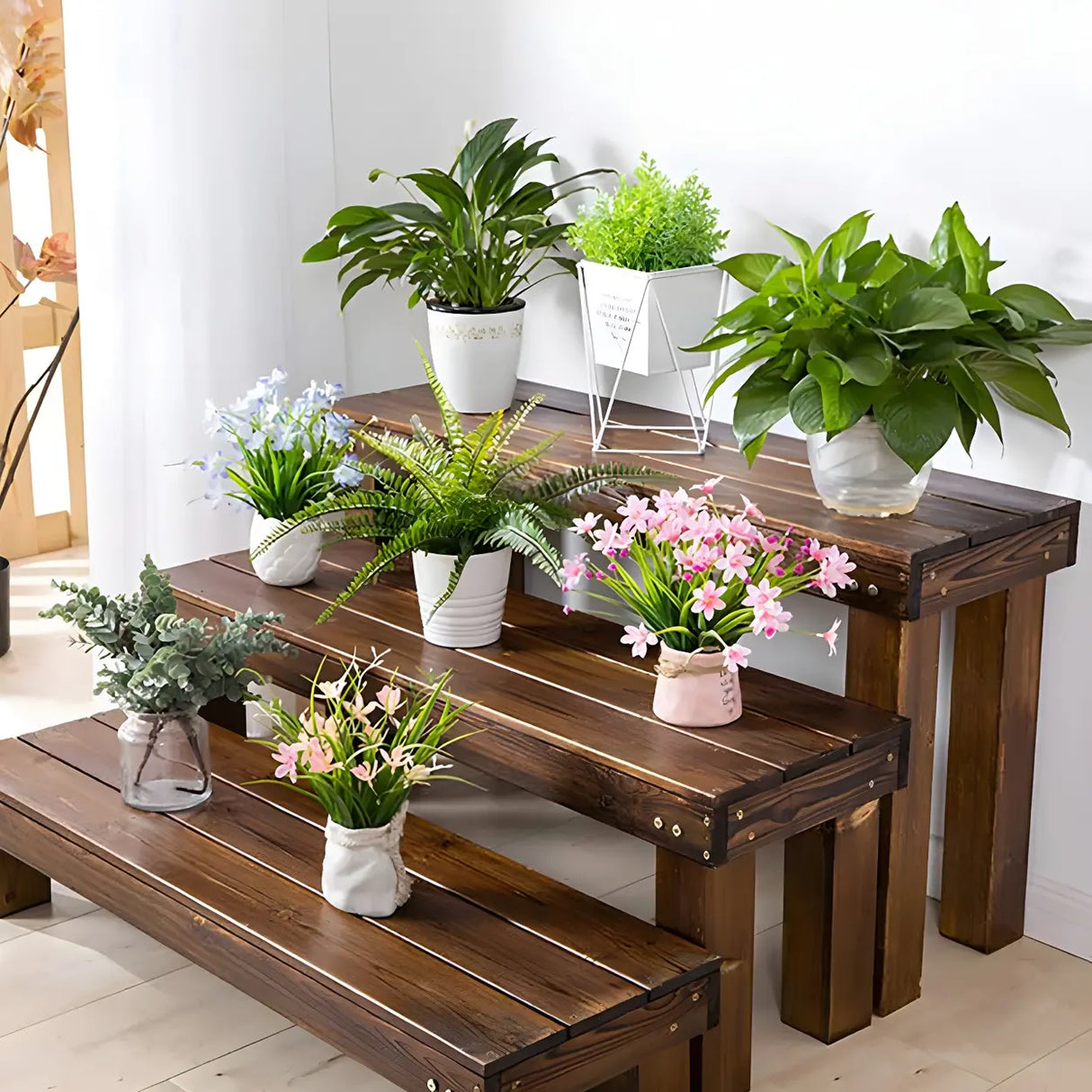 Rustic Rectangular Wooden Waterproof Brown Plant Stand Image - 29