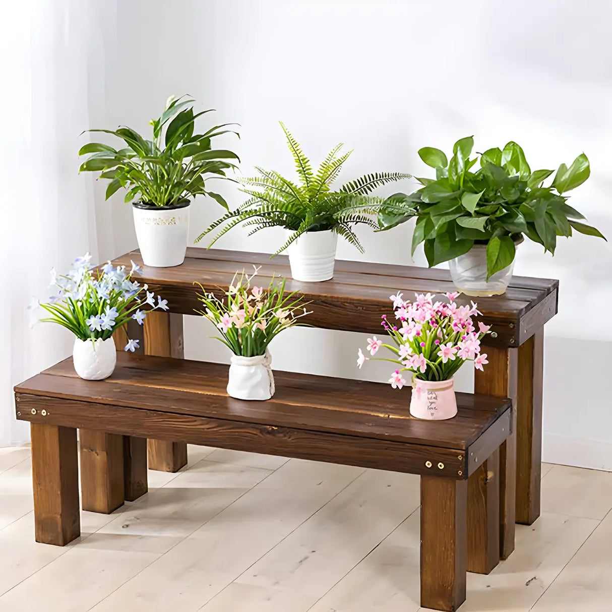 Rustic Rectangular Wooden Waterproof Brown Plant Stand Image - 4