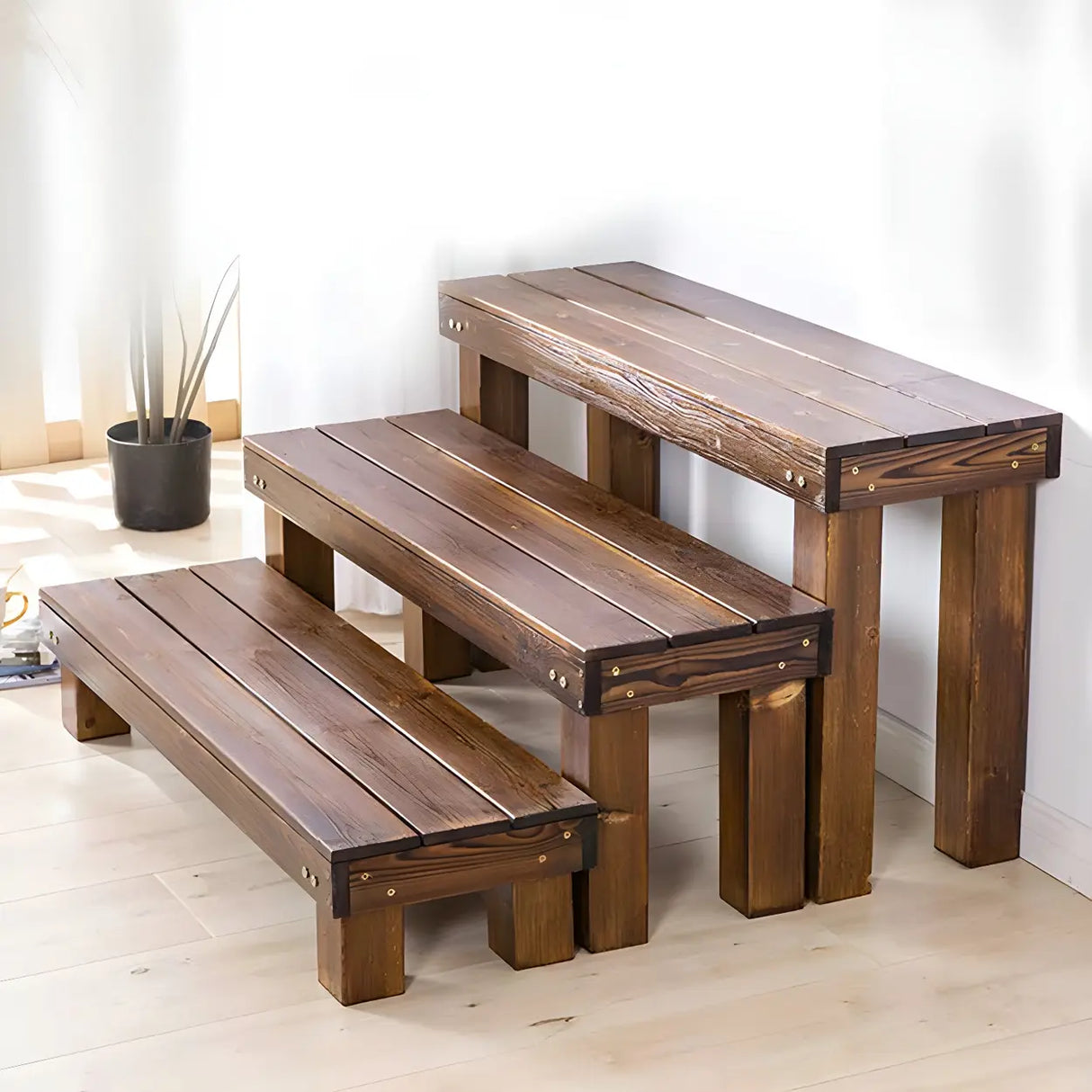 Rustic Rectangular Wooden Waterproof Brown Plant Stand Image - 7