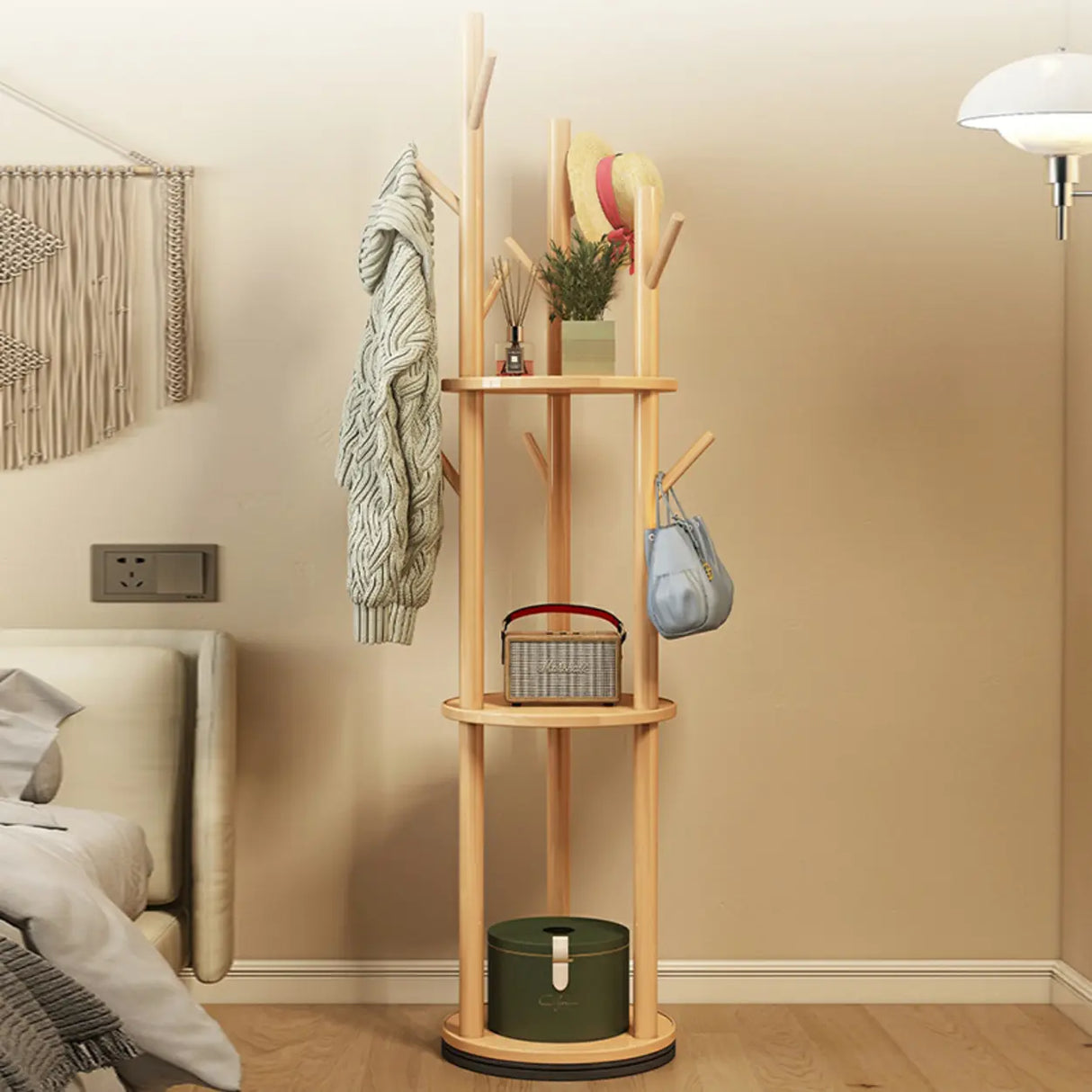 Rustic Round Wood Storage Freestanding Hall Tree with Hooks Image - 6