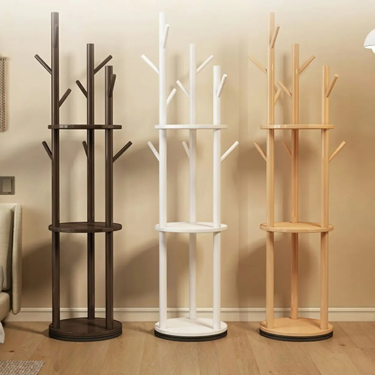 Rustic Round Wood Storage Freestanding Hall Tree with Hooks Image - 1