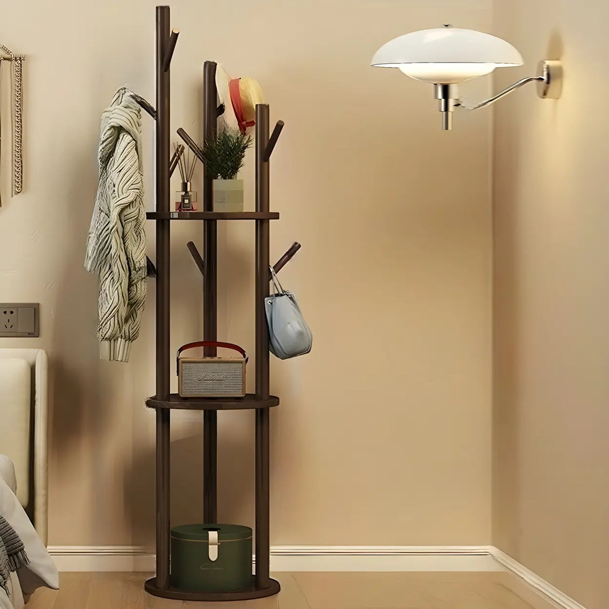 Rustic Round Wood Storage Freestanding Hall Tree with Hooks Image - 2