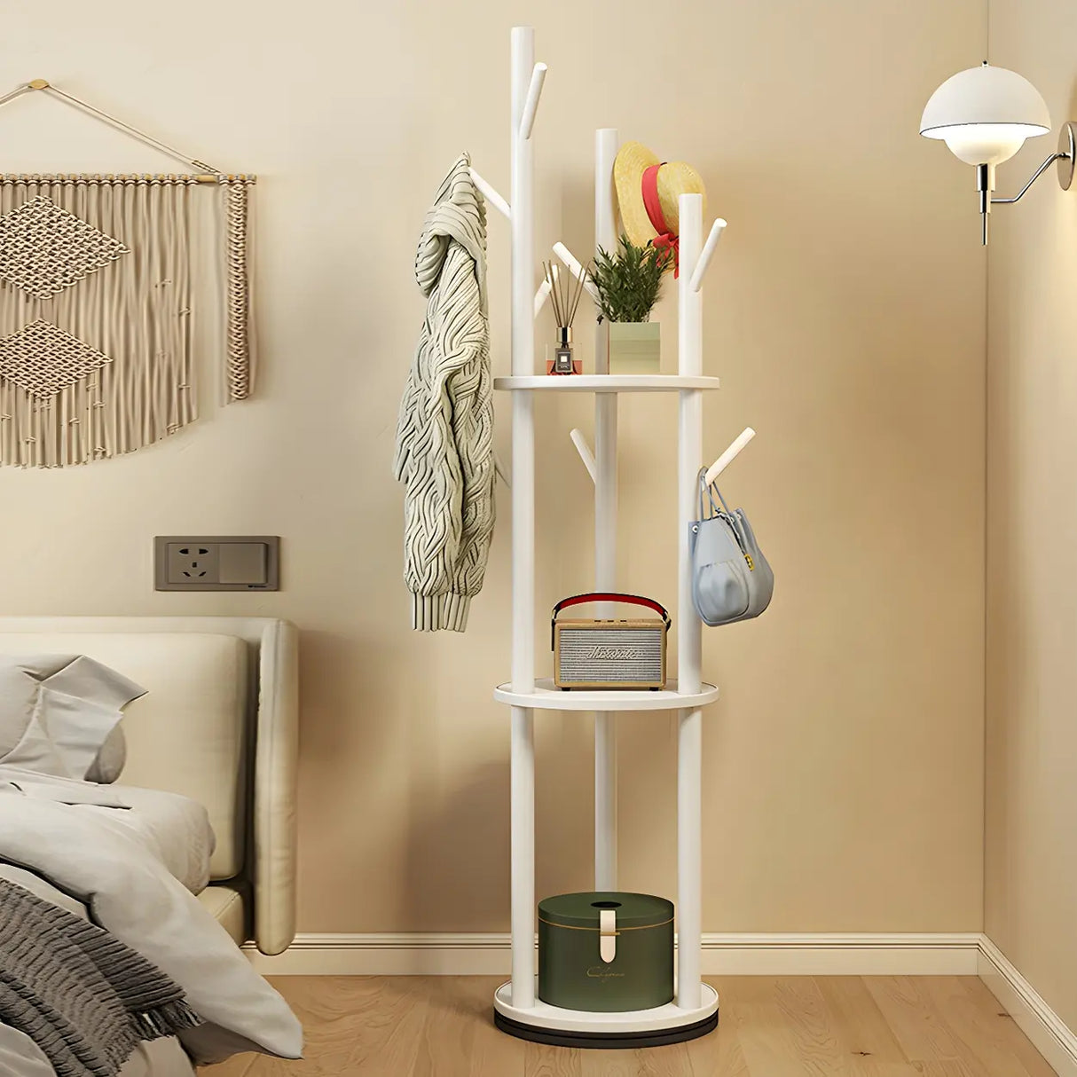 Rustic Round Wood Storage Freestanding Hall Tree with Hooks Image - 7