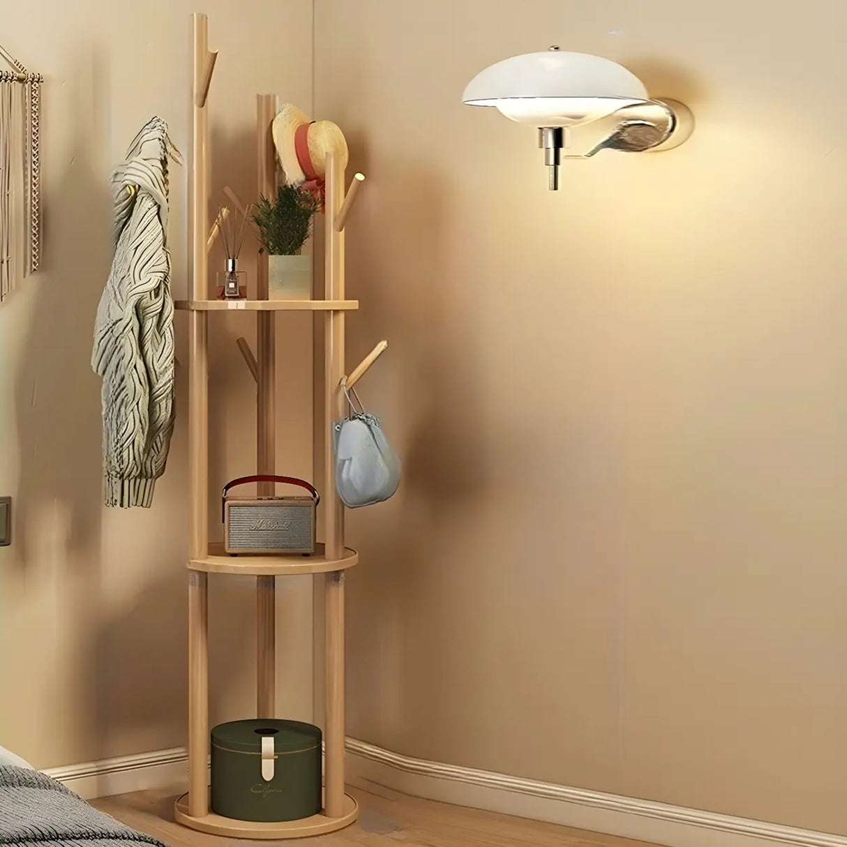 Rustic Round Wood Storage Freestanding Hall Tree with Hooks Image - 3