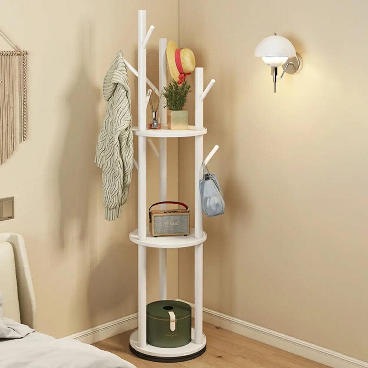 Rustic Round Wood Storage Freestanding Hall Tree with Hooks Image - 8