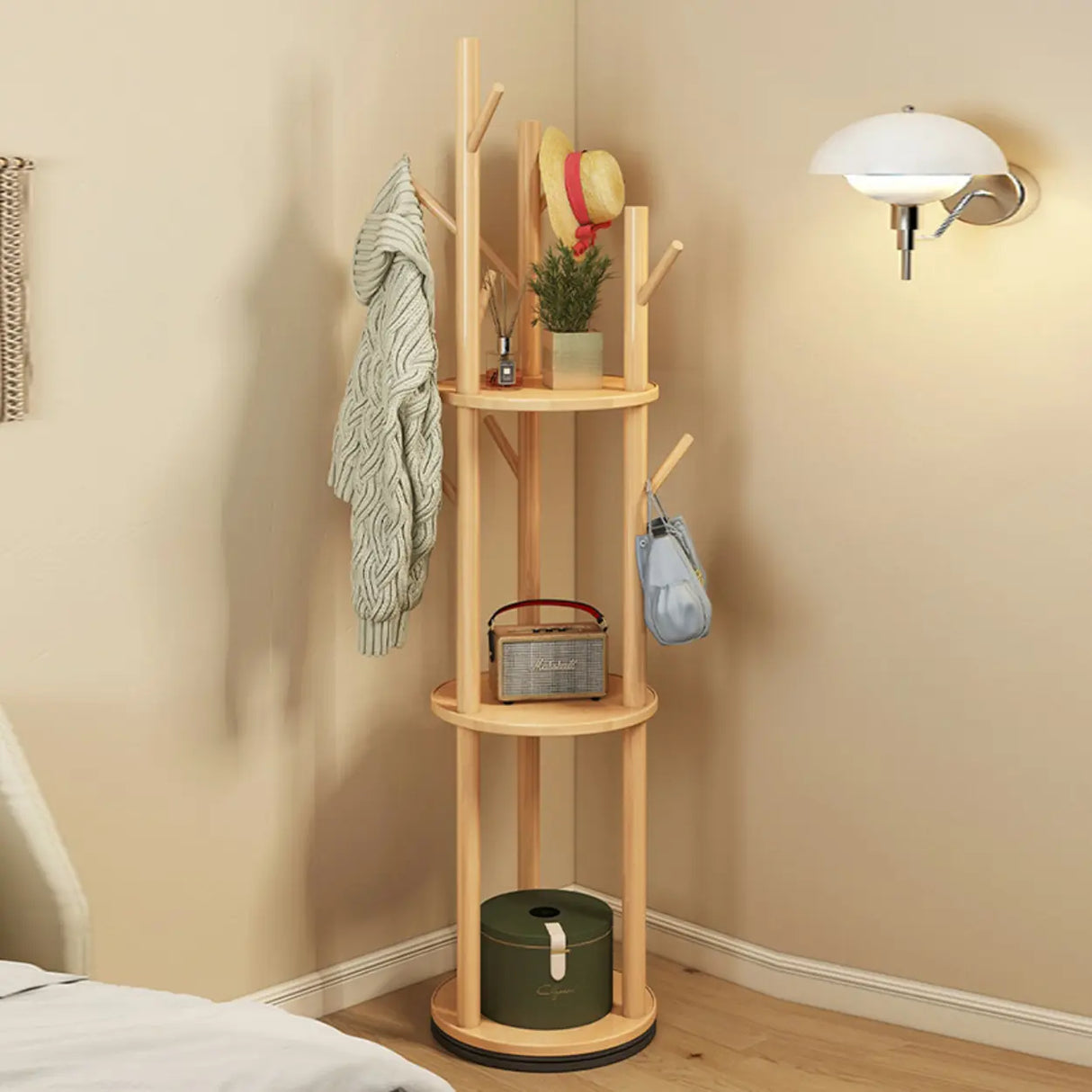 Rustic Round Wood Storage Freestanding Hall Tree with Hooks Image - 4