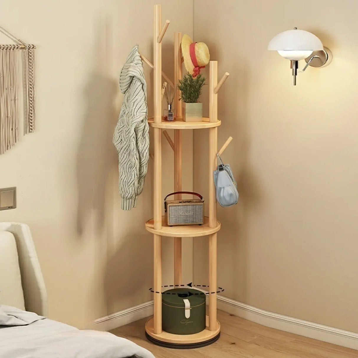 Rustic Round Wood Storage Freestanding Hall Tree with Hooks Image - 9