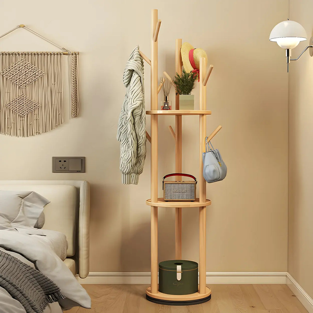 Rustic Round Wood Storage Freestanding Hall Tree with Hooks Image - 10