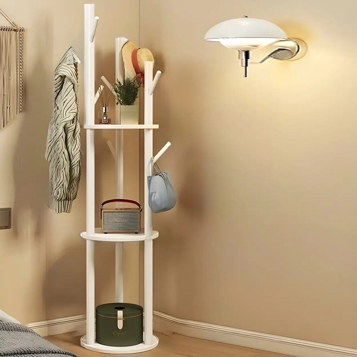 Rustic Round Wood Storage Freestanding Hall Tree with Hooks Image - 5