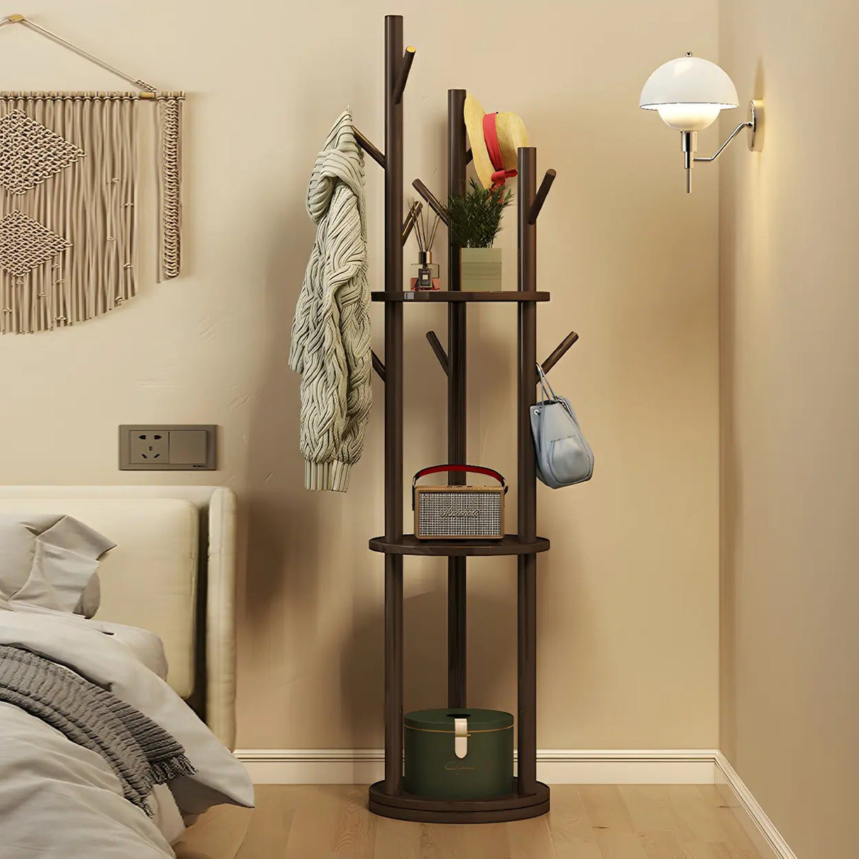 Rustic Round Wood Storage Freestanding Hall Tree with Hooks Image - 11