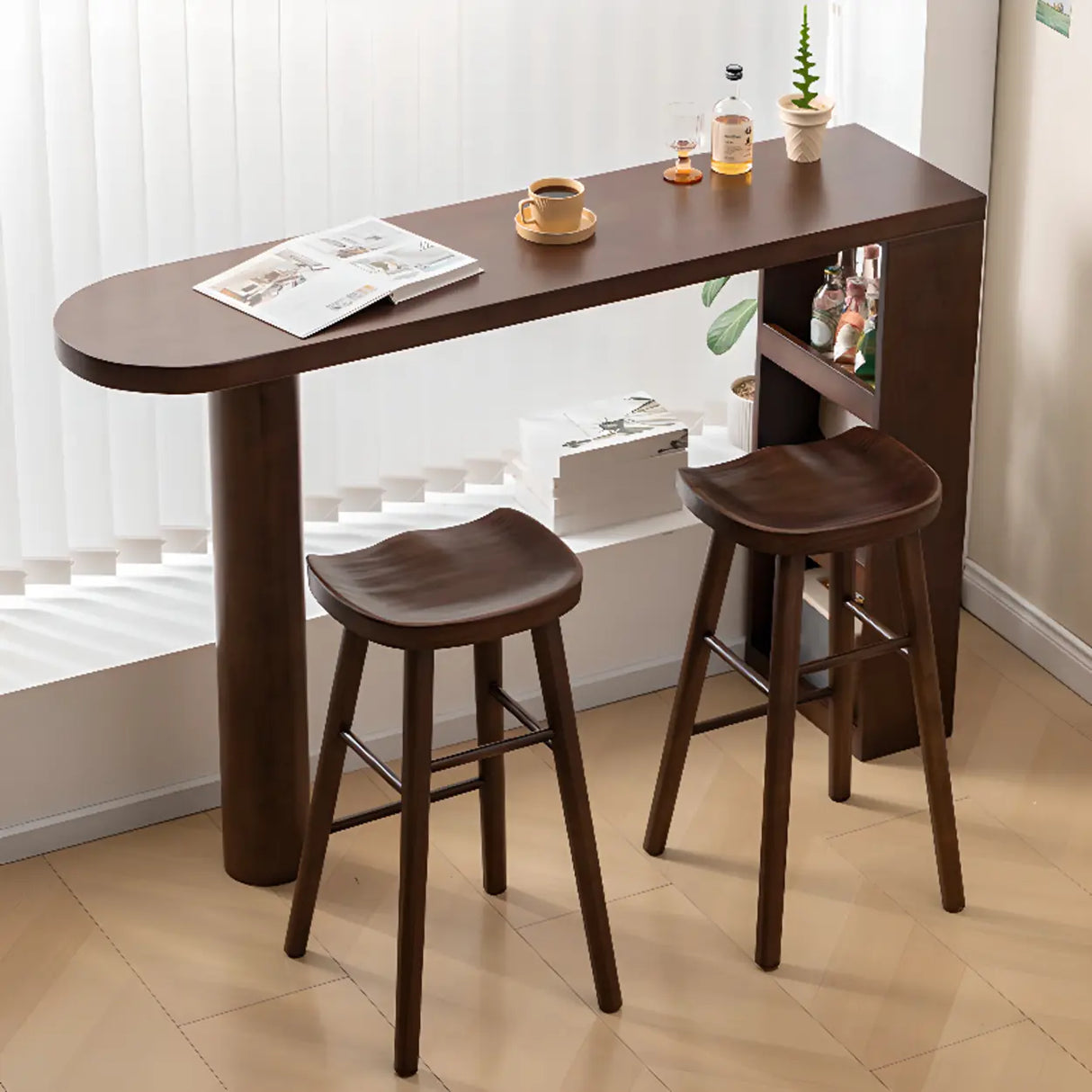 Rustic Slim Dark Brown Wood Oval Bar Table with Shelf Storage Image - 3