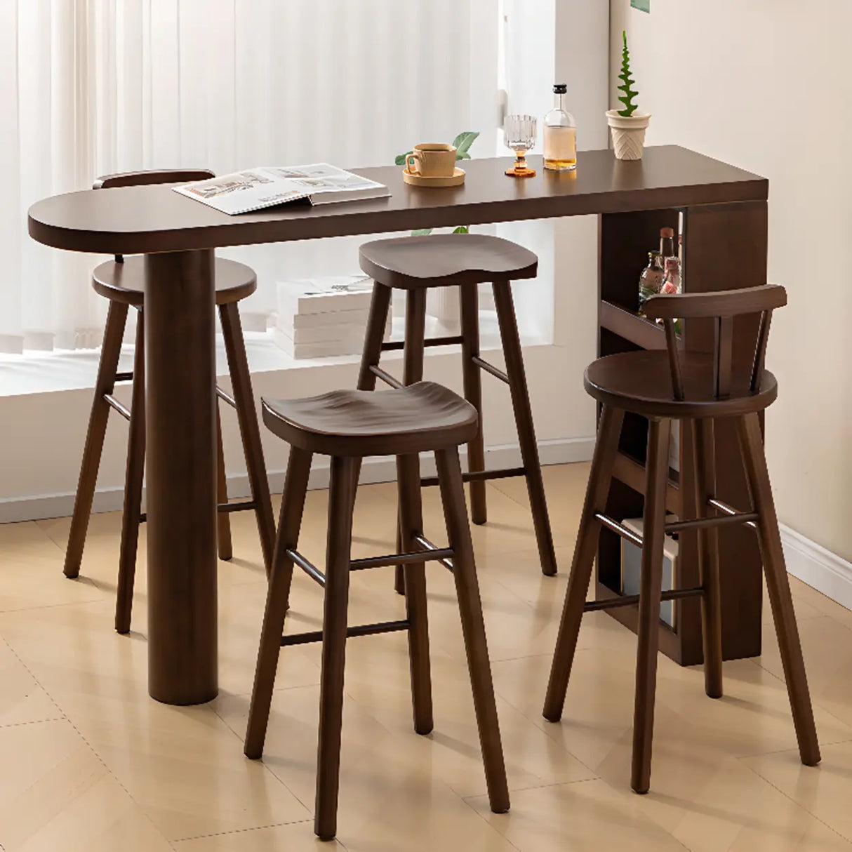 Rustic Slim Dark Brown Wood Oval Bar Table with Shelf Storage Image - 4