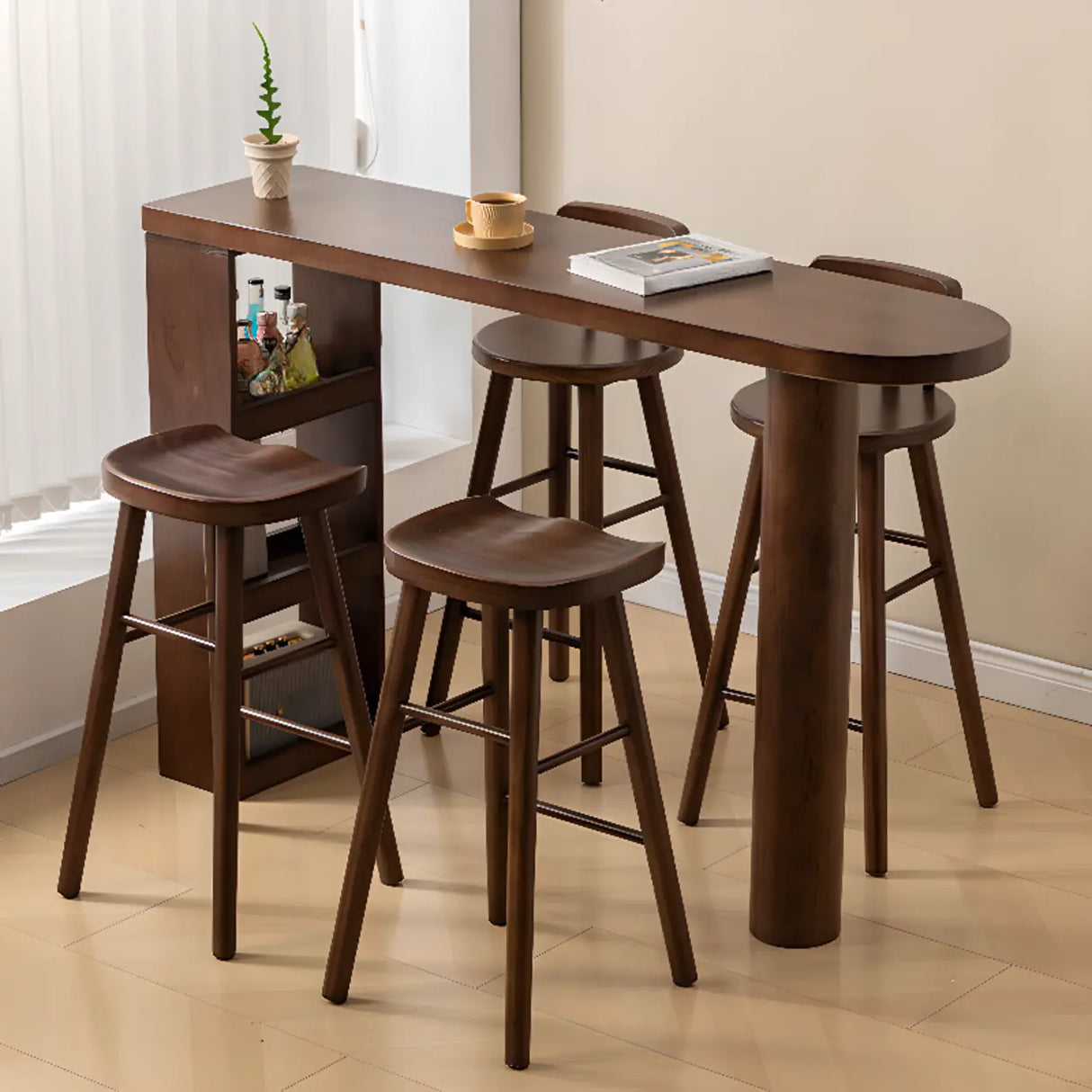 Rustic Slim Dark Brown Wood Oval Bar Table with Shelf Storage Image - 5