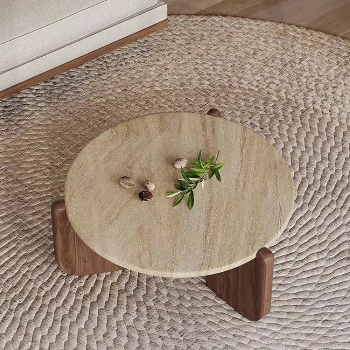 Rustic Small Round Scratch-Resist Travertine Coffee Table Image - 1