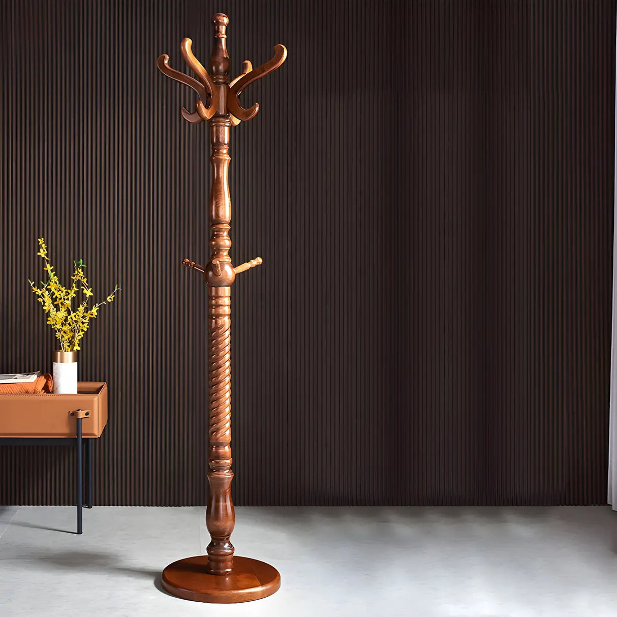 Rustic Spiral Wood Brown Hooks Freestanding Hall Tree Image - 10