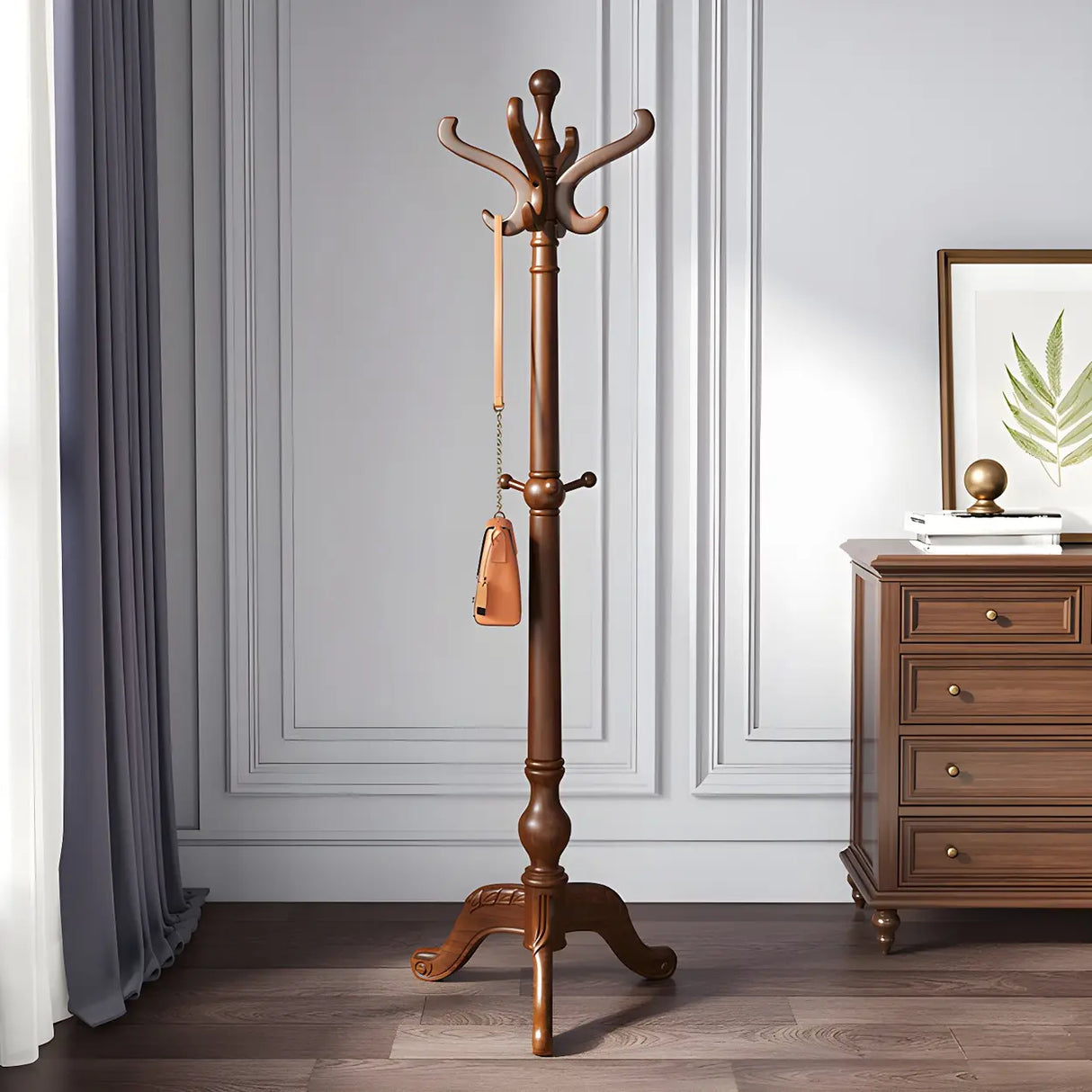 Rustic Spiral Wood Brown Hooks Freestanding Hall Tree Image - 12