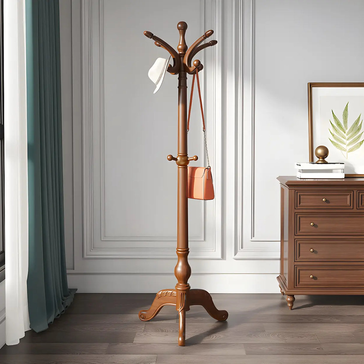 Rustic Spiral Wood Brown Hooks Freestanding Hall Tree Image - 13