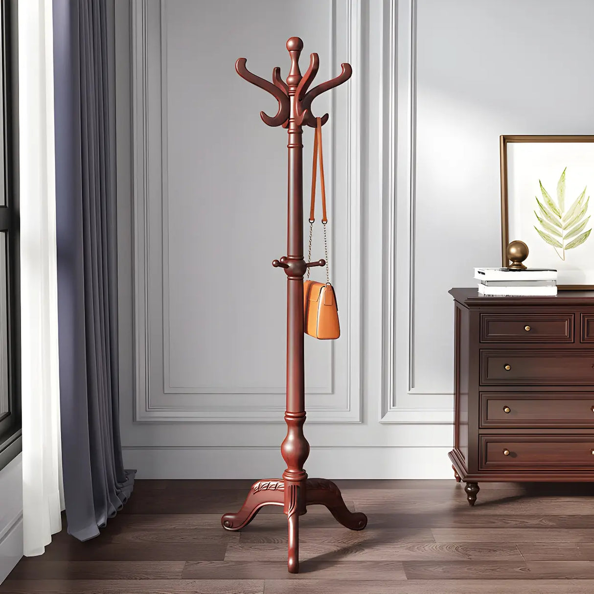 Rustic Spiral Wood Brown Hooks Freestanding Hall Tree Image - 2