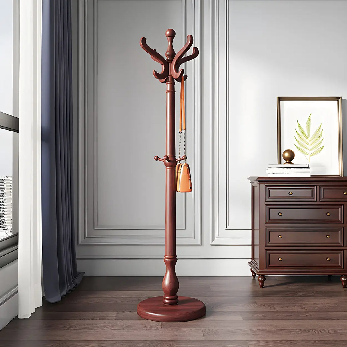 Rustic Spiral Wood Brown Hooks Freestanding Hall Tree Image - 3