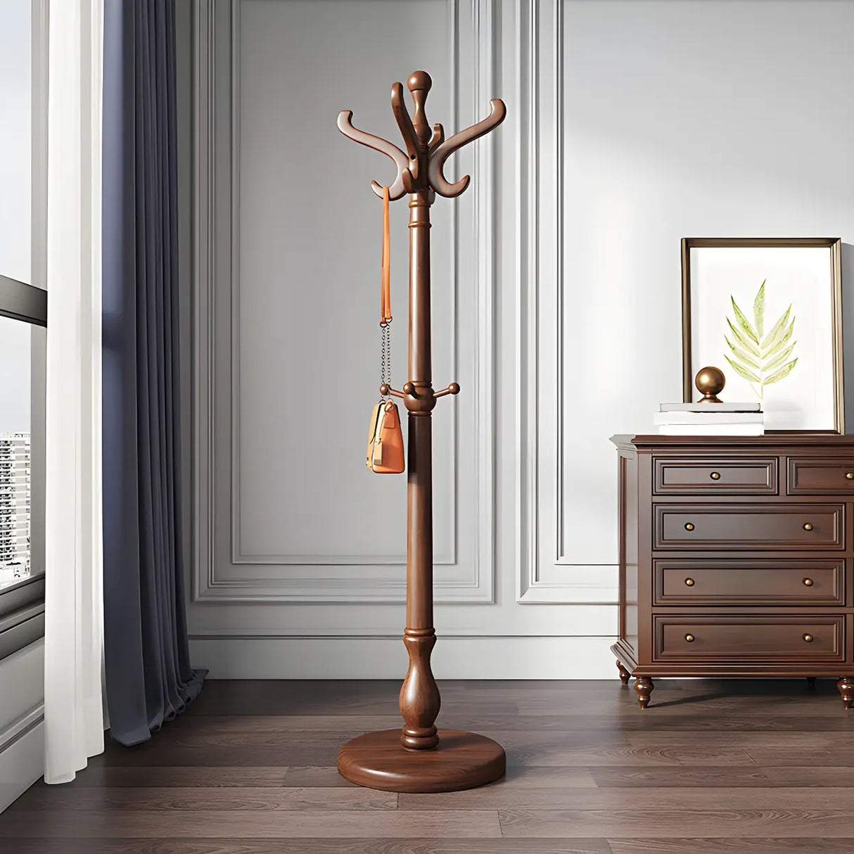 Rustic Spiral Wood Brown Hooks Freestanding Hall Tree Image - 4