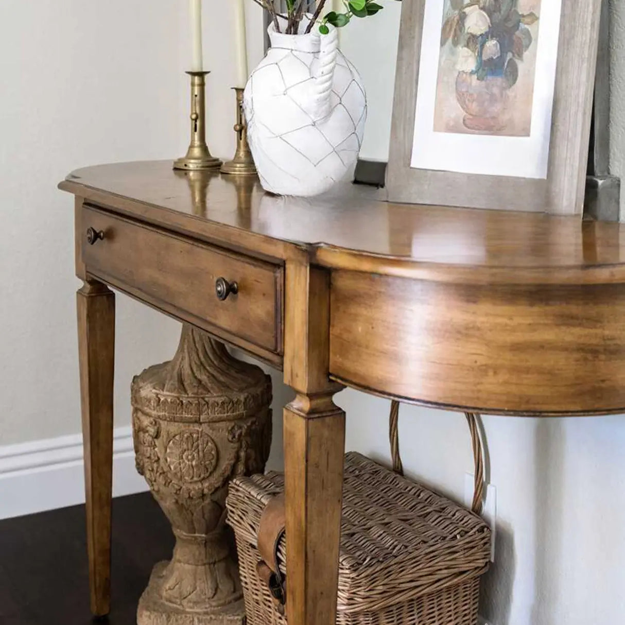 Rustic Storage Half-Moon Wooden Brown Console Table Image - 1