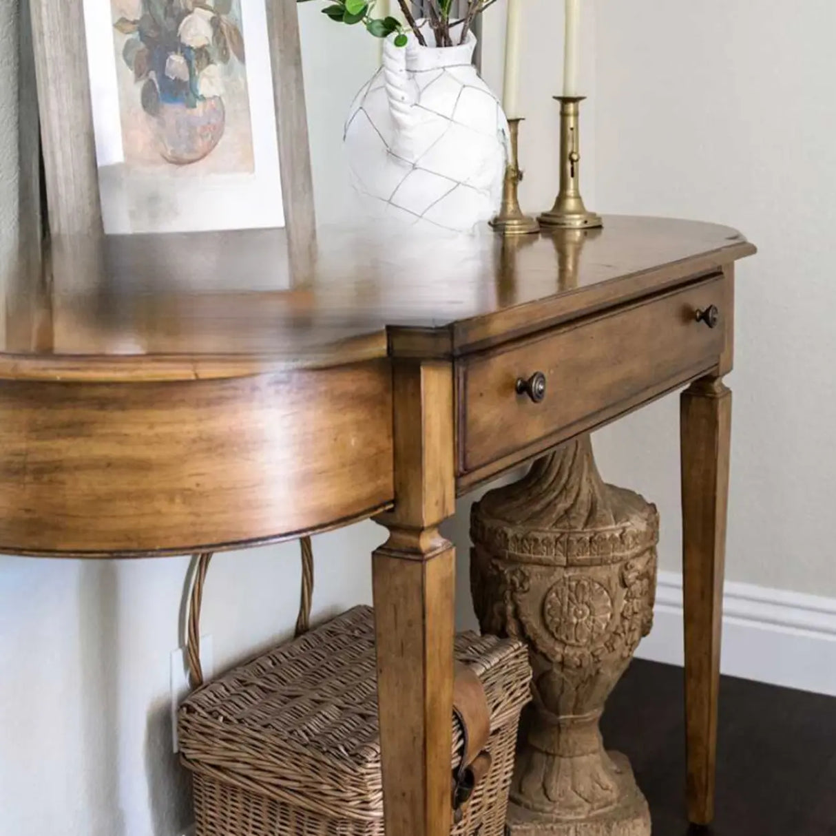 Rustic Storage Half-Moon Wooden Brown Console Table Image - 3