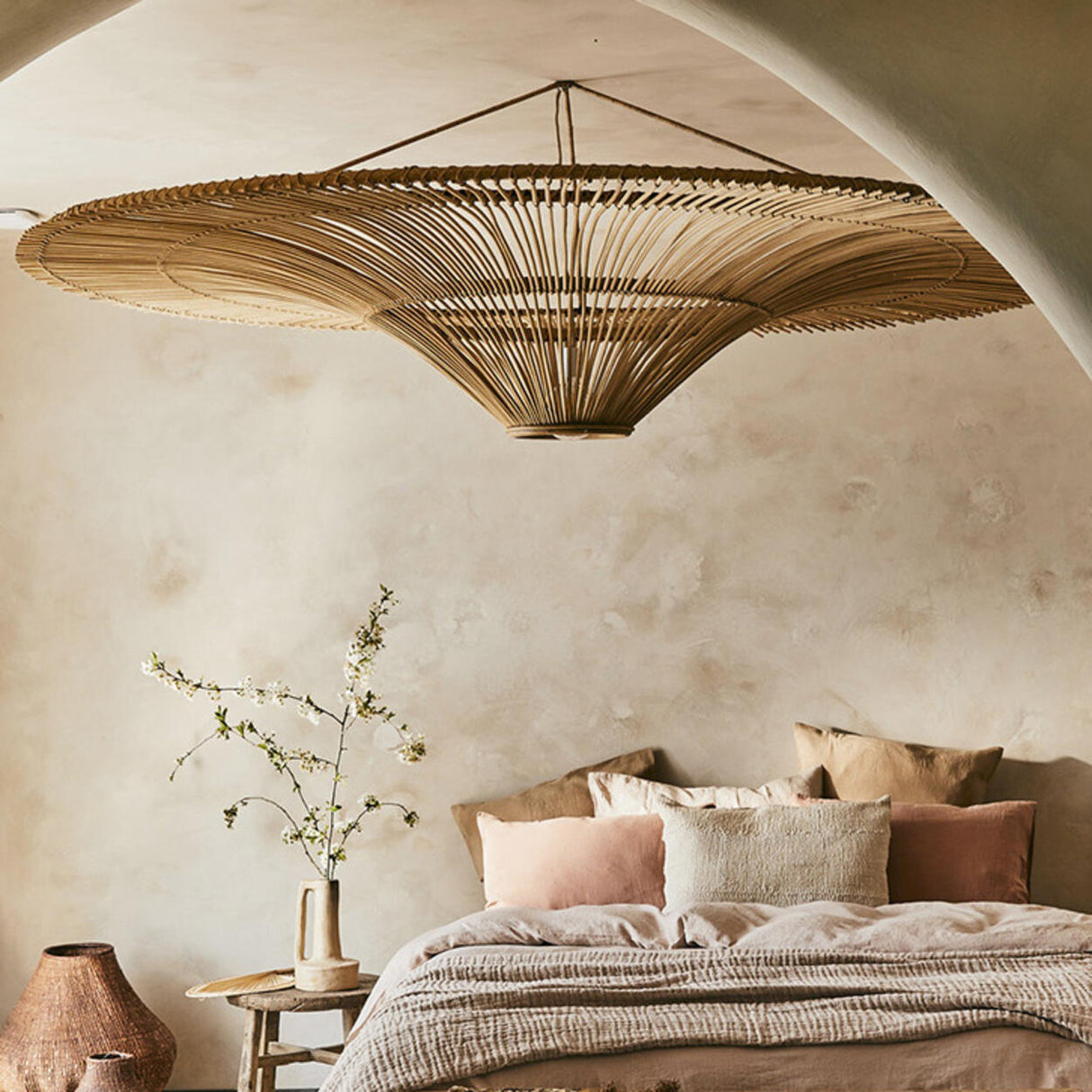 Rustic Straw Hat Woven Rattan Semi-Flush Mount Light Image - 3