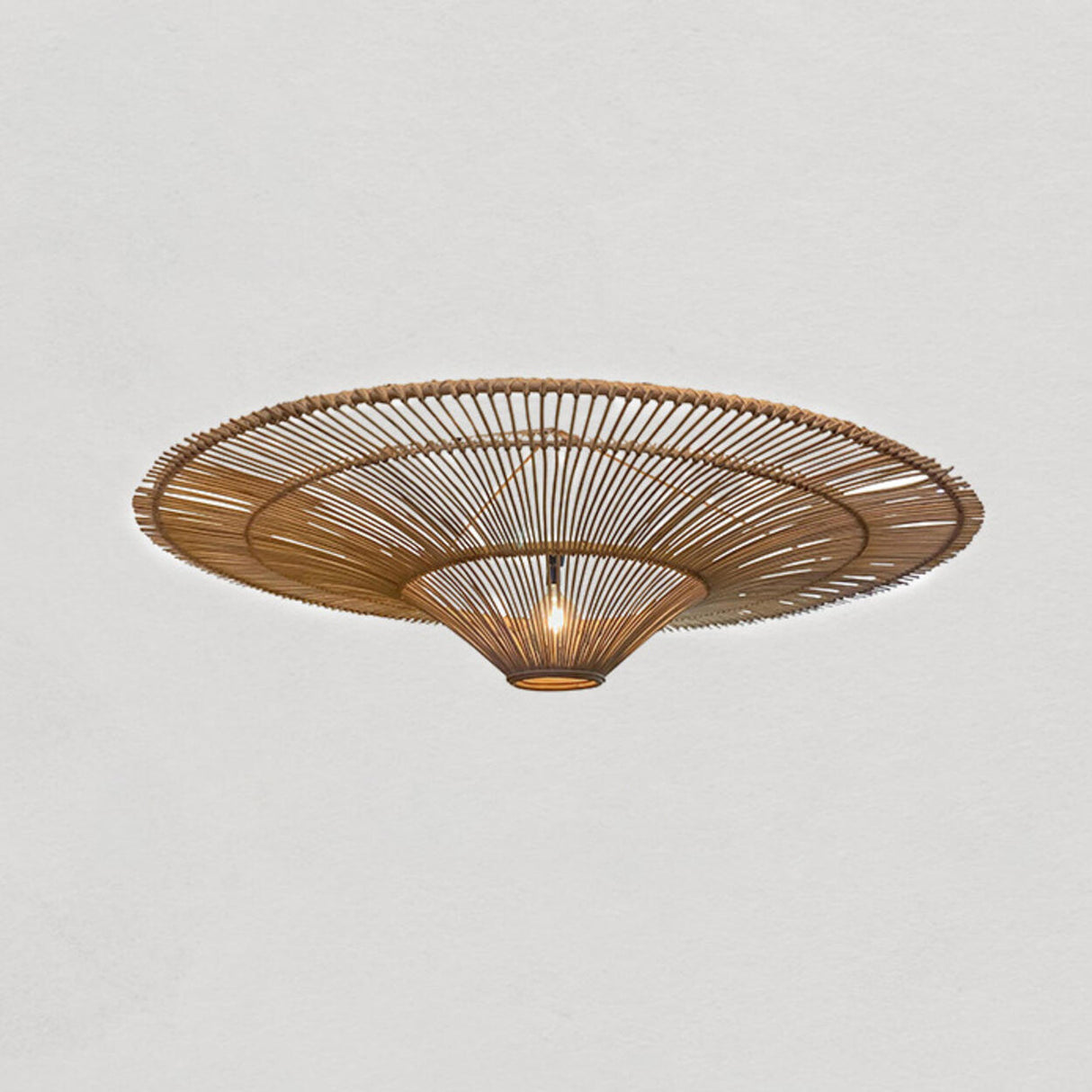 Rustic Straw Hat Woven Rattan Semi-Flush Mount Light Image - 6