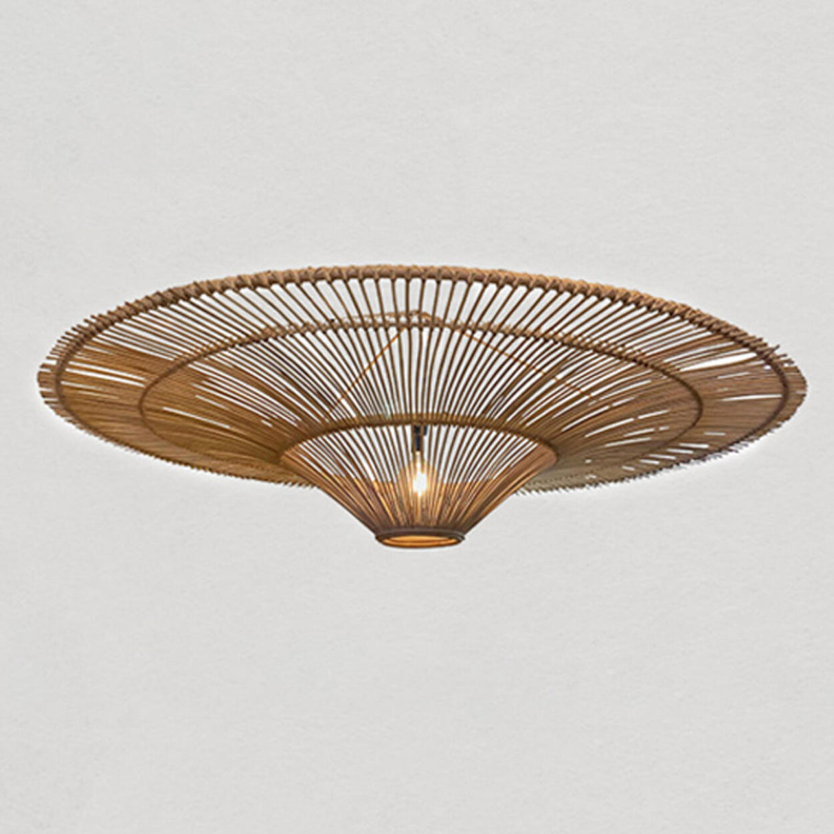 Rustic Straw Hat Woven Rattan Semi-Flush Mount Light Image - 7