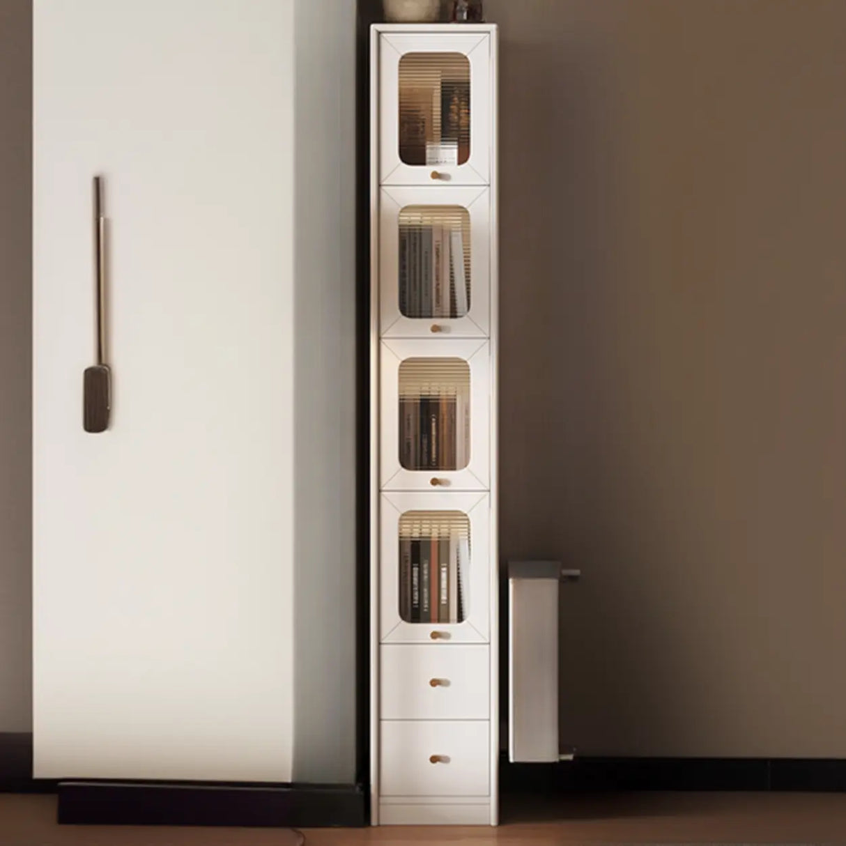 Rustic Tall Narrow Wood Bookcase with Glass Doors and Drawers Image - 10