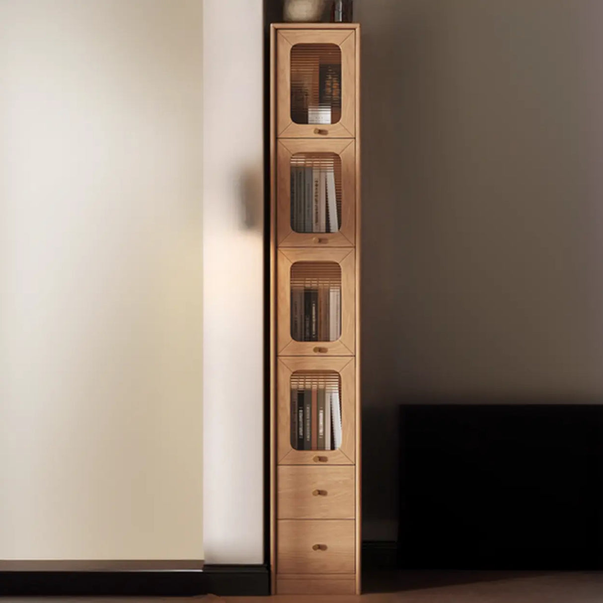 Rustic Tall Narrow Wood Bookcase with Glass Doors and Drawers Image - 15