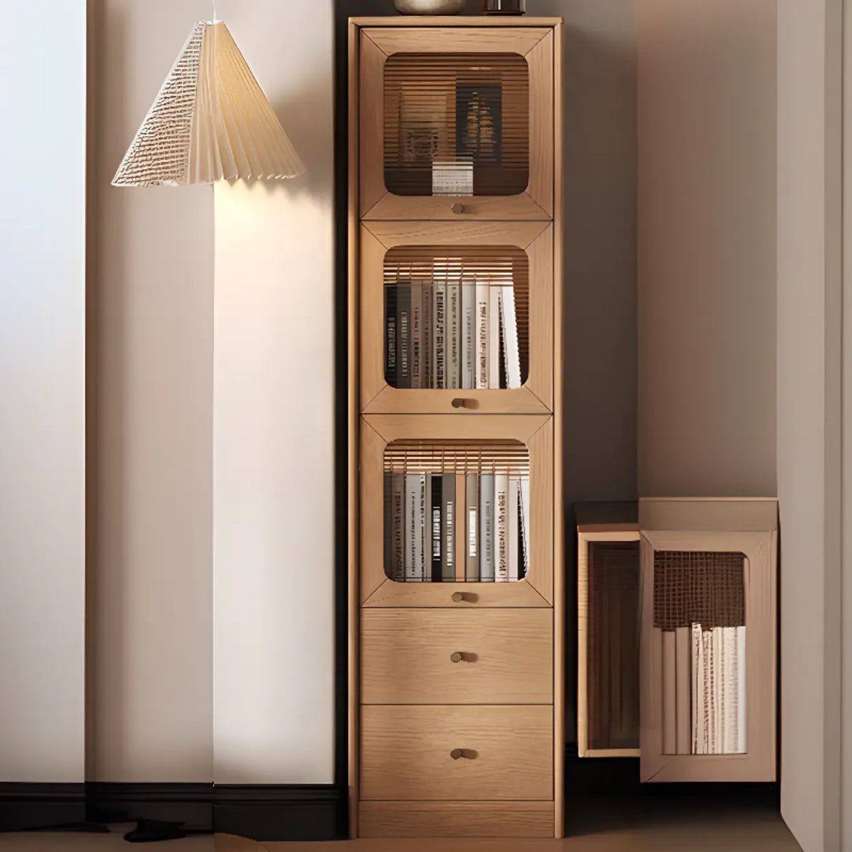 Rustic Tall Narrow Wood Bookcase with Glass Doors and Drawers Image - 18