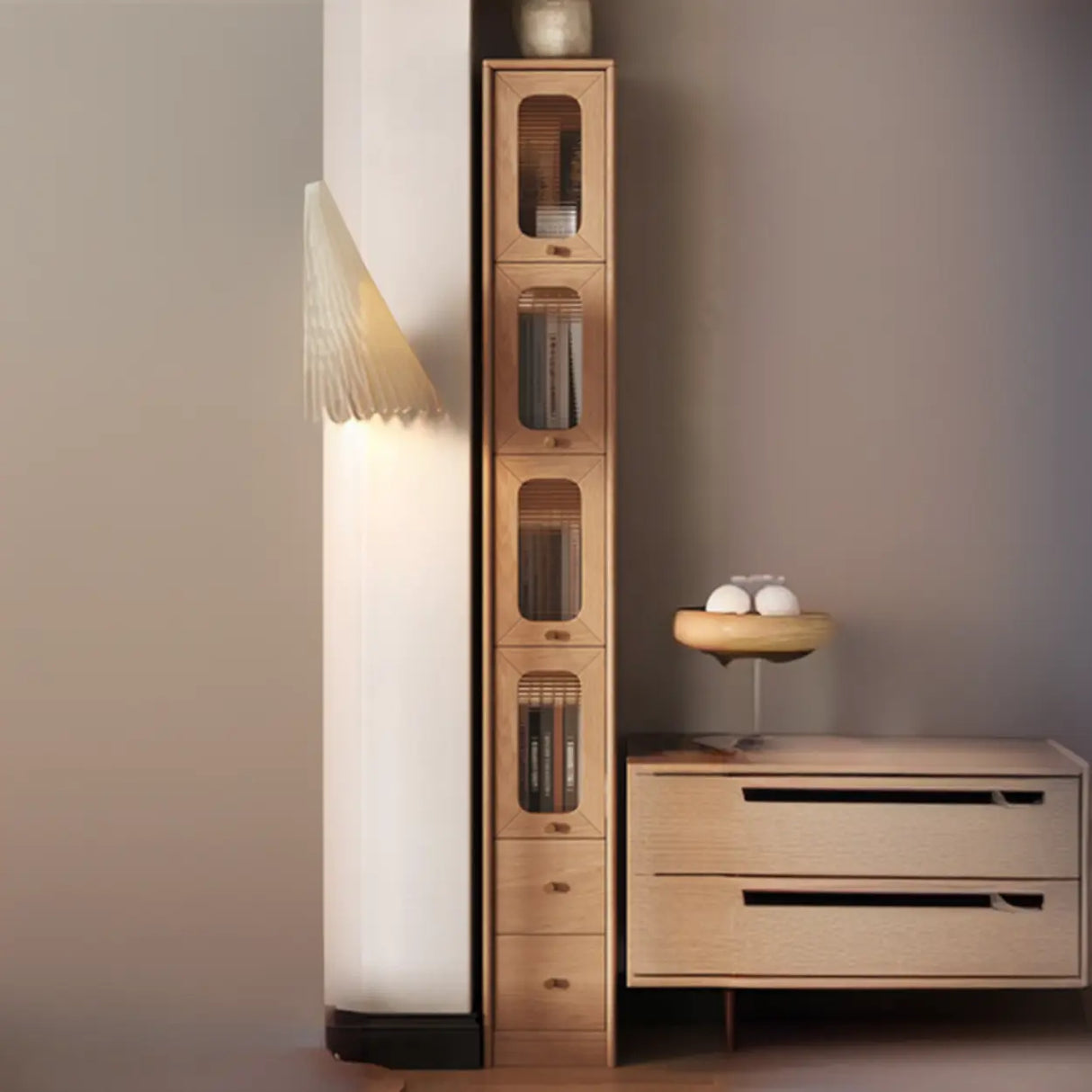 Rustic Tall Narrow Wood Bookcase with Glass Doors and Drawers Image - 23