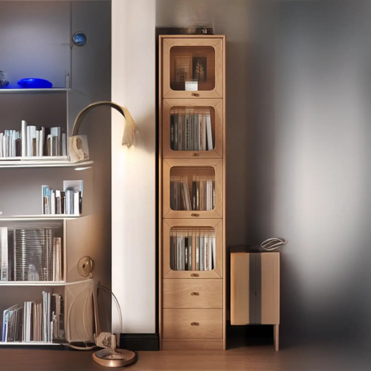 Rustic Tall Narrow Wood Bookcase with Glass Doors and Drawers Image - 24