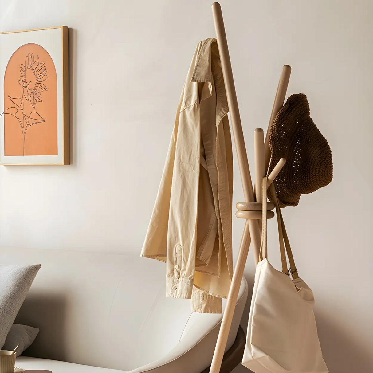 Rustic Tripod Wood Natural Freestanding Hall Tree with Hooks Image - 12