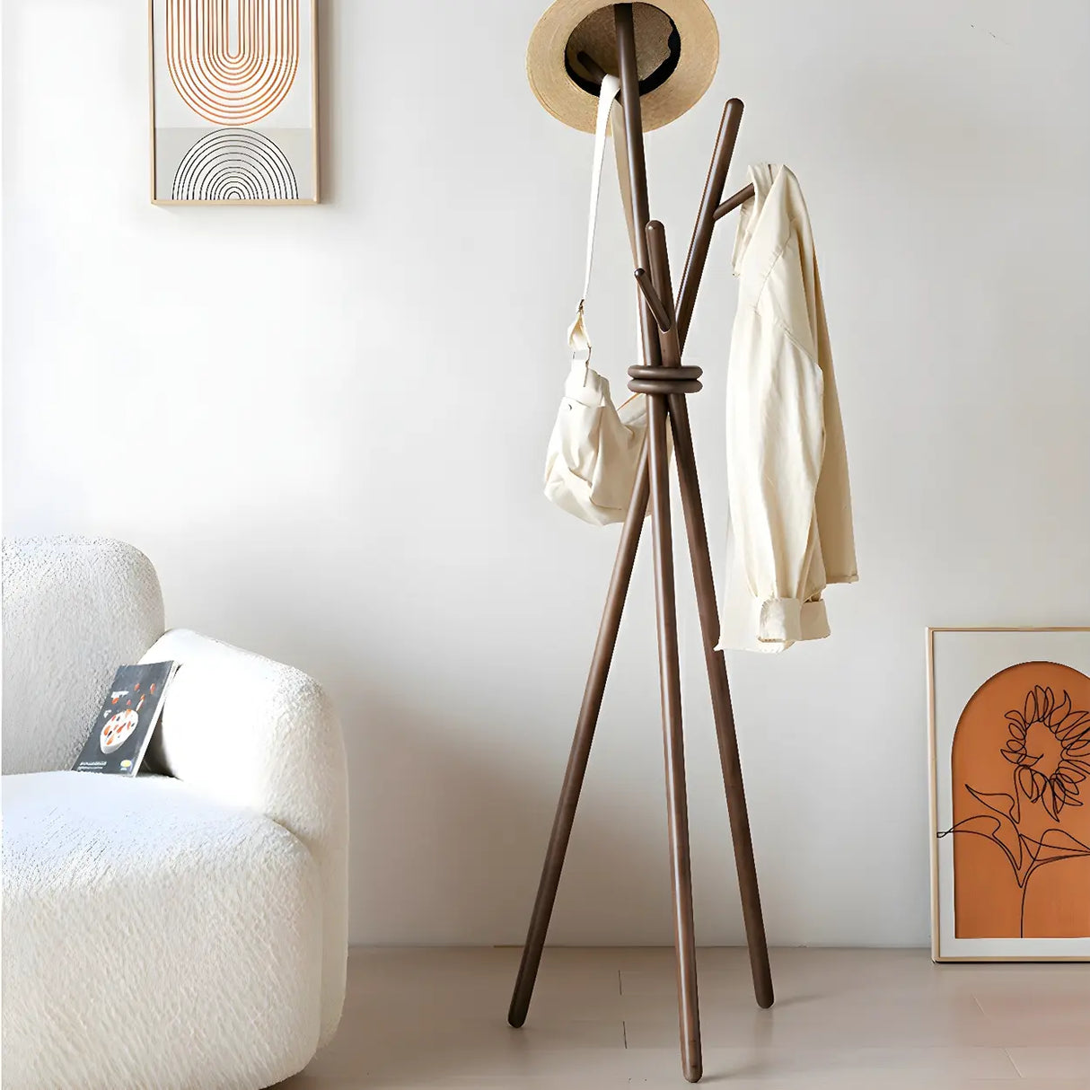 Rustic Tripod Wood Natural Freestanding Hall Tree with Hooks Image - 2