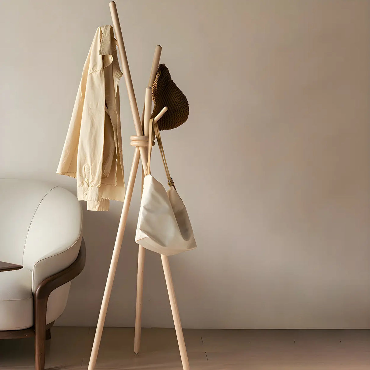 Rustic Tripod Wood Natural Freestanding Hall Tree with Hooks Image - 3