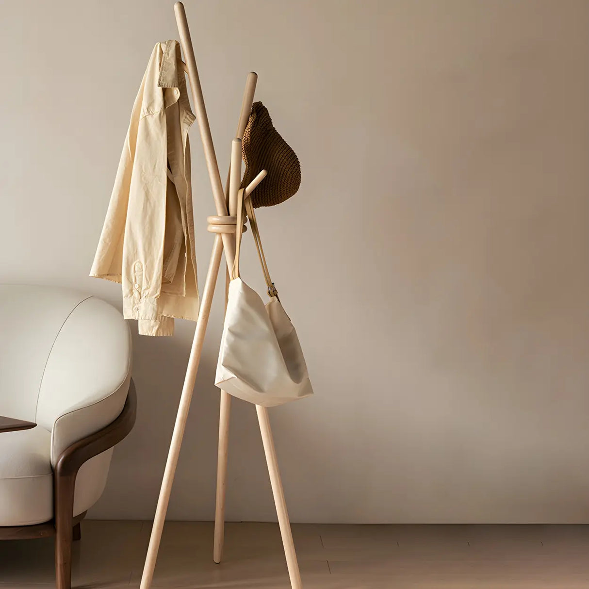 Rustic Tripod Wood Natural Freestanding Hall Tree with Hooks Image - 4