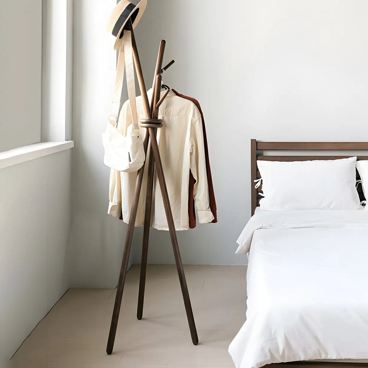 Rustic Tripod Wood Natural Freestanding Hall Tree with Hooks Image - 6